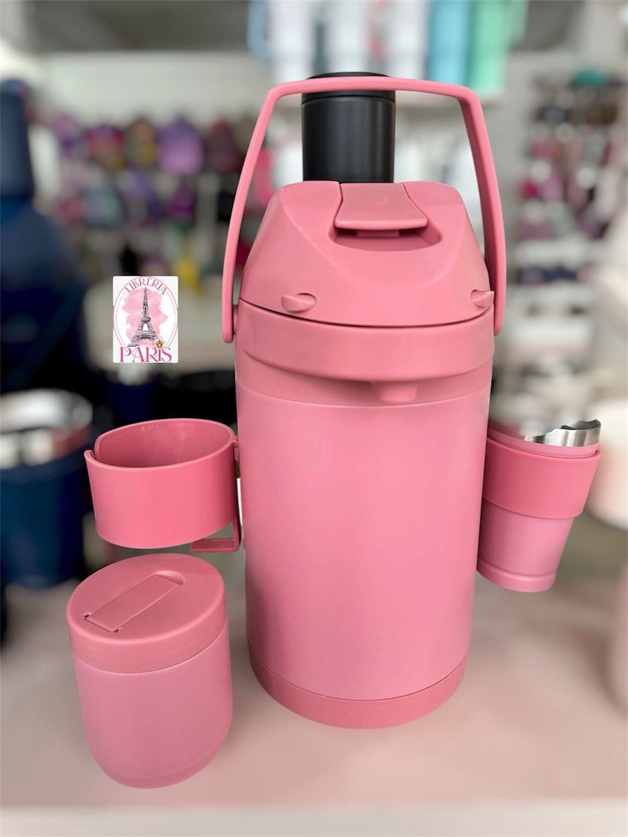 Termo color rosa con vasitos y yerbera